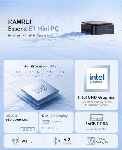 KAMRUI Mini PC Computer, Intel Processor N97 (up to 3.6 GHz), 16GB DDR4 RAM 256GB M.2 SSD, Mini Desktop Computer Support Dual 4K, WiFi, Bluetooth, Ethernet, HTPC for Business, Education, Home
