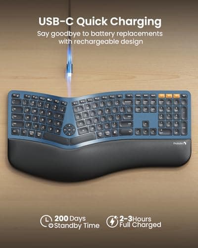ProtoArc Backlit Bluetooth Ergonomic Keyboard, EK01 Plus Full Size Wireless Split Keyboard with Dual Bluetooth and USB, Cushioned Wrist Rest, Rechargeable, Compatible with Windows/Mac/Android, Blue