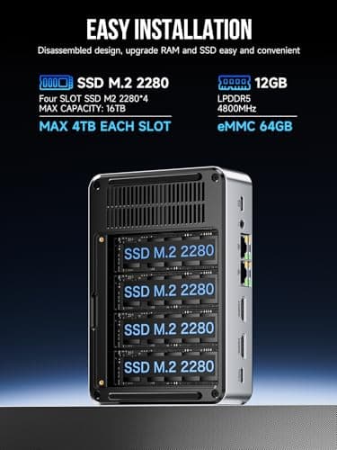 GMKtec Mini PC NAS Intel N150 Dual Boot System 12GB DDR5 64GB EMMC +512GB SSD Desktop Computer 4*M.2 NVMe Slots/Dual NIC 2.5GbE/ USB-C USB 3.2 10Gbps/ Network Attached Storage G9
