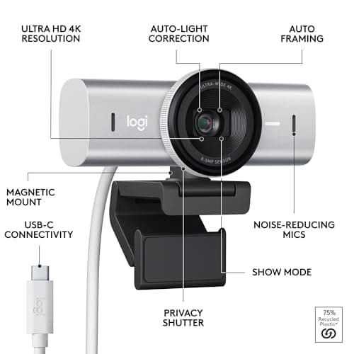 Logitech MX Brio, Multiple Resolutions, Dual Noise Reducing Mics, Show Mode, USB-C, Webcam Cover, Works with Microsoft Teams, Zoom, Google Meet - Pale Grey,