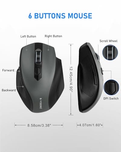 E-YOOSO Wireless Mouse, 2.4G USB Computer Mouse with 5 Levels 4000 DPI, 18 Months Battery Life, Ergonomic Grips, 6 Buttons Large Optical Mouse for Laptop, Mac, PC, Chromebook, Notebook (Gray)
