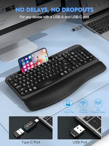 Ergonomic Wireless Keyboard with Cushioned Wrist Rest, Wave Keys, Phone Holder, Comfortable Natural Typing, 2.4GHz Full Size Silent Cordless USB Computer Keyboard for Laptop, Mac, Windows (Black)