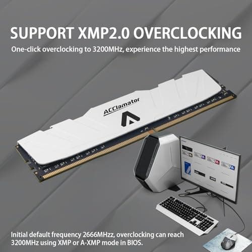 DDR4 RAM 32GB (2x16GB) 3200MHz PC4-25600 XMP CL18 1.35V 288-pin Desktop PC Memory Module with Heatsink White Acclamator Ounce Series