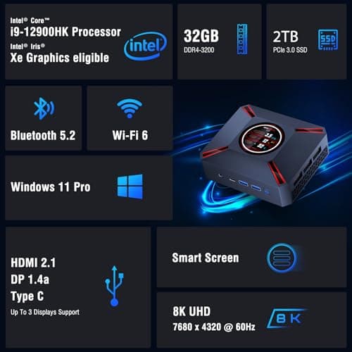 Advanced M9 Plus Compact Desktop PC with 2.1-Inch Display, Intel Core i9-12900HK (14C/20T, 5.0GHz), 32GB DDR4 RAM + 2TB NVMe SSD, Triple 4K Display, WiFi 6, BT 5.2, USB-C/Thunderbolt