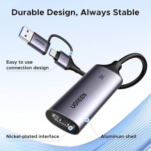 UGREEN 2K@30Hz Video Capture Card HDMI to USB 3.0 A and USB C Capture Device, 4K Input 1080P 60FPS with Low Latency for Streaming Game Recording Compatible with Switch 2/Xbox/PS4/PS5/PC/Camera