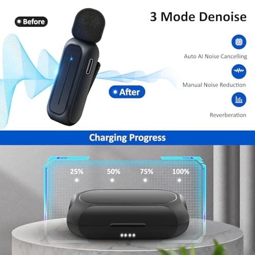 2 Pcs Wireless Lavalier Microphone for iPhone iPad Android with Charging Case 7H Clip on Lapel Microphone Wireless for Video Recording Vlogging, YouTube, Interview, 3 Mode Denoise, 70ft