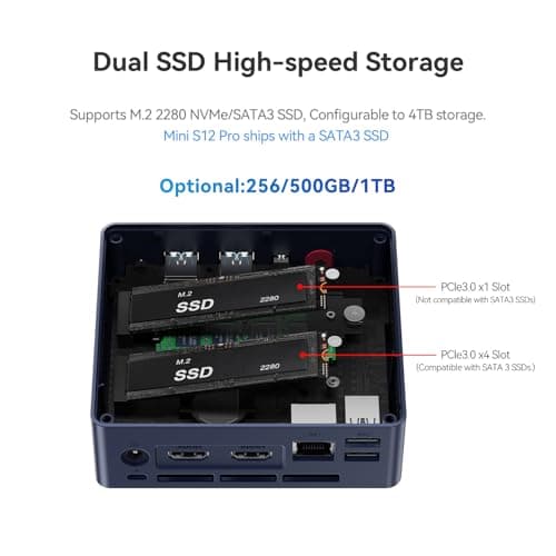 Beelink S12 Pro Mini PC, Intel 12th Gen Alder Lake- N100(up to 3.4GHz), 8GB DDR4 RAM 256GB M.2 SSD, Desktop Computer Support 4K Dual Display/USB3.2/WiFi 6/BT5.2/Gigabit Ethernet for Home/Office