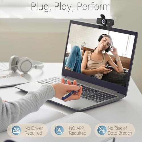 Full HD Webcam with Built-in Microphone and Rotatable Tripod, 1080P Video and Wide Angle Camera, Privacy Cover, for Desktop PC Laptop Computer Black