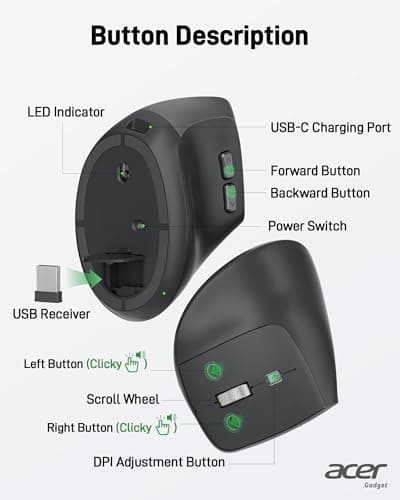 acer Ergonomic Mouse Wireless, 1000/1200/1600 Adjustable DPI Vertical Mouse with 6 Buttons, Rechargeable Ergo Mice with 2.4GHz USB Receiver for Computer, Laptop, PC, iMac and Desktop