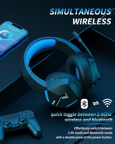 BINNUNE Wireless Gaming Headset with 2.4GHz for PS5, PS4, PC, Switch, FPS Gamers, 120Hrs+ Bluetooth 5.3 Gaming Headsets with Noise Canceling Mic, 50MM Headphones for Laptop, Mobile, Mac (Blue)