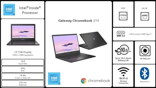 acer Gateway Chromebook 314 CBO314-1H-C476 Laptop | Intel Celeron N4500 | 14" Full HD (1920 x 1080) Display | 4GB LPDDR4X | 64GB eMMC | Wi-Fi 5 802.11ac | Chrome OS | Star Black