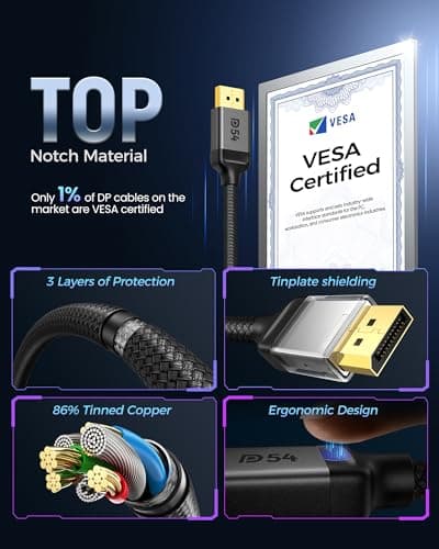 Silkland 54Gbps DisplayPort Cable 2.1 [VESA Certified], DP 2.1 Cable [16K@30Hz, 8K@120Hz, 4K@240Hz 165Hz 144Hz] HDR, HDCP DSC 1.2a, Compatible FreeSync G-Sync Gaming Monitor 5090 7900XTX, 6.6FT