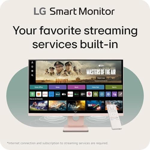 LG 27 MyView Smart Monitor, FHD IPS, 5ms, 60hz, WebOS 23, Built-in Speakers, ThinQ Home Dashboard, AirPlay 2, Screen Share, Bluetooth, HDR10, Flicker Safe, Reader Mode, Pink, with 5ave HDMI