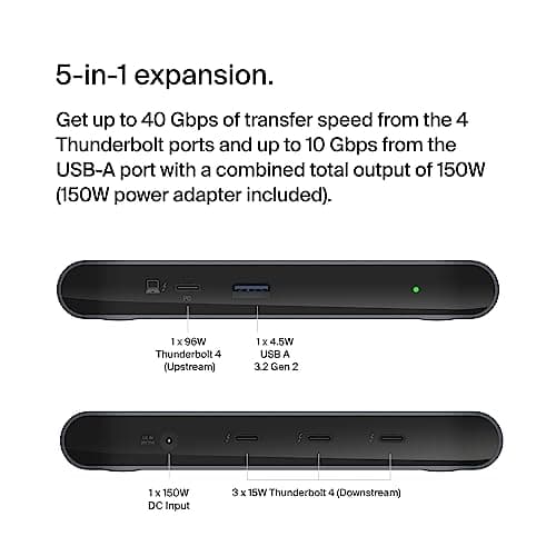Belkin Connect Thunderbolt 4 Docking Station, 5-in-1 USB-C Multiport Core Hub w/ 96W Power Delivery for Mac, Windows, Single 8K or Dual 4K Display, Thunderbolt 4 Cable & Power Supply Included