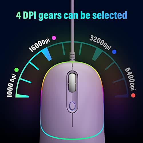 Gaming Mouse, USB Computer Mouse Wired with RGB Backlit, 4 Adjustable DPI up to 6400, Ultra Silent, Optical Computer Mice with Ergonomic Design, for Laptops PC Windows (Purple)