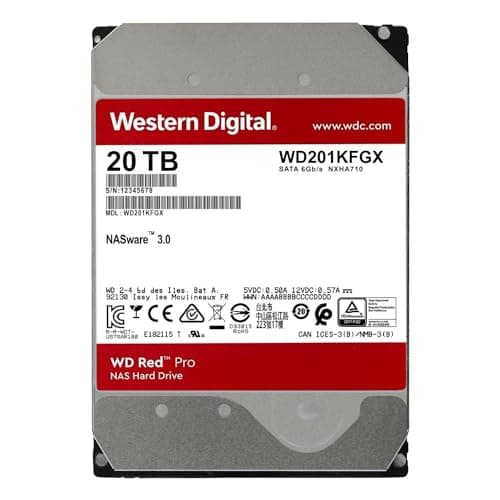 Western Digital 20TB WD Red Pro NAS Internal Hard Drive HDD - 7200 RPM, SATA 6 Gb/s, CMR, 512 MB Cache, 3.5" - WD201KFGX