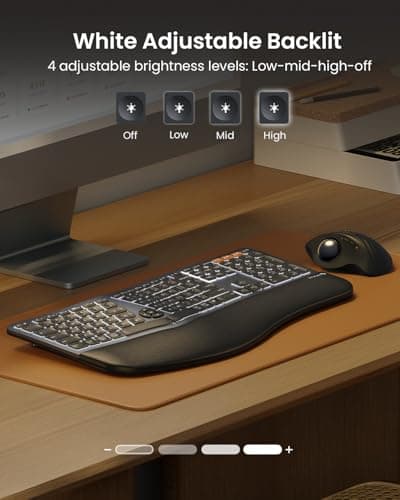 ProtoArc Backlit Bluetooth Ergonomic Keyboard, EK01 Plus Full Size Wireless Split Keyboard with Dual Bluetooth and USB, Cushioned Wrist Rest, Rechargeable, Compatible with Windows/Mac/Android, Grey
