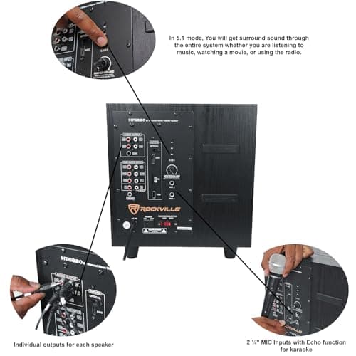 Rockville HTS820 1500W 5.1 Channel Home Theater System with 8" Subwoofer, Bluetooth, USB, Includes Remote and Speaker Mounts - Perfect for Movies, Music, Karaoke