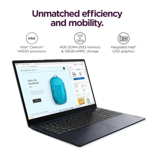 Lenovo Ideapad 1 15.6" HD Laptop, Intel Celeron N4500, 4GB DDR4, 128GB eMMC, W11HS, One-Year Microsoft Office 365, Abyss Blue, 82LX00D3US