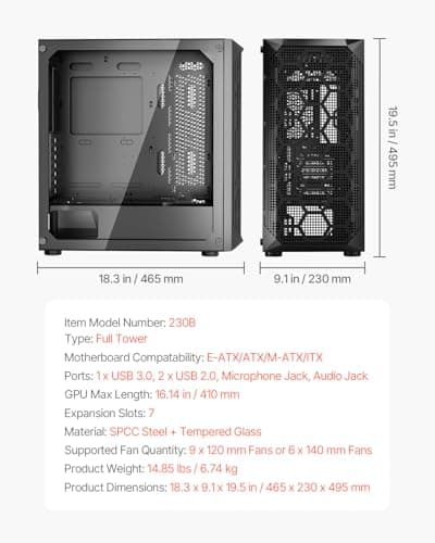 VEVOR PC Gaming Case, Full-Tower, Computer Case with High-Airflow Panel, Magnetic Dust Filter, 3 x 140mm PWM Fans, Cable Management, for GPU up to 410mm in Length, Compatible with E-ATX/ATX/ITX