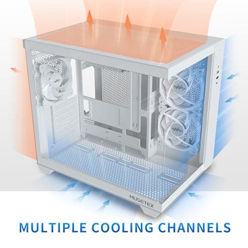 MUSETEX ATX PC Case, 360MM RAD Support, 3 x 120mm Non-ARGB Fans Pre-Installed, 270° Full View Tempered Glass Gaming PC Case with Type-C, Mid Tower ATX Computer Case, White, Y6