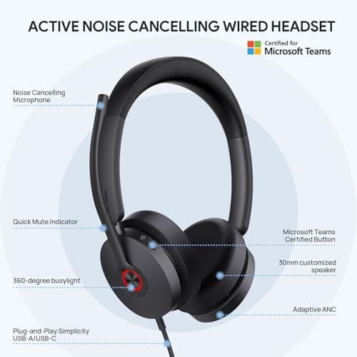 Yealink UH48 ANC Wired Headset with Microphone, Active Noise Cancelling USB Headphones for PC, MS Teams Certified Works with All Other Call Platforms, USB-A or USB-C Connectivity, Mute Button