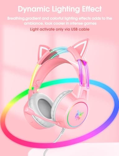 Lightweight Gaming Headset with Detachable Cat Ears, RGB Lighting, Wired Over Ear Headphones with Mic for PC, PS4, PS5, Xbox, Switch, Stereo Surround Sound, Self-Adjusting Headband