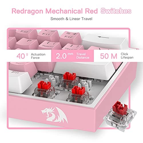 Redragon K617 Fizz 60% Wired RGB Gaming Keyboard, 61 Keys Hot-Swap Compact Mechanical Keyboard w/White and Pink Color Keycaps, Linear Red Switch, Pro Driver/Software Supported