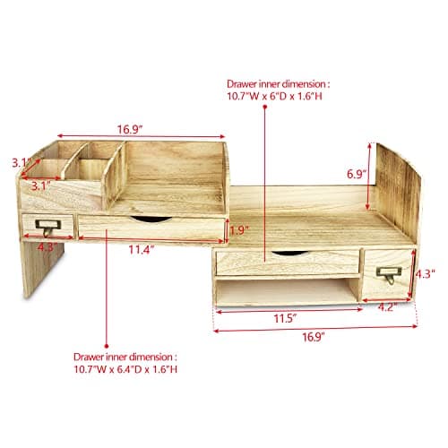 Ikee Design Large Extendable Wooden Desktop Organizer For Office Supplies, Storage Shelf Rack Book Shelf, Stationary Compartment Holder, Back to School, 17 1/4 W x 7 1/2 D x 12 H in