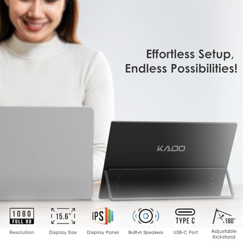 Kado Portable Monitor 15.6'' FHD 1080p, Ultra-Slim Laptop Monitor 1920x1080 with Built-in Speakers, IPS Display 180° Kickstand Wall/Arm Mount for PC, Mac, Phone, Xbox, PS5, USB-C & HDMI Connectivity