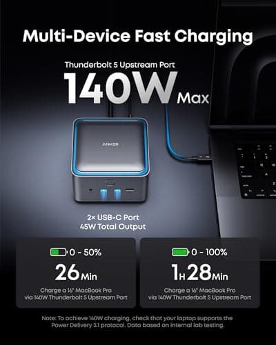 Anker Prime TB5 Docking Station, 14-in-1 Thunderbolt 5 Dock with 120Gbps Max Transfer, 140W Max Charging, Ambient LED Lighting, Cooling System, Up to 8K Display for Thunderbolt 5/4 Laptops