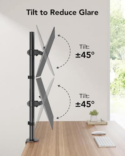 HUANUO Vertical Dual Monitor Mount, Stacked Monitor Stand for 2 Monitors with Height Adjustment Computer Monitor Arm Supports Two 17 to 32 Inch with C Clamp Each Desk Mount Hold up to 17.6lbs