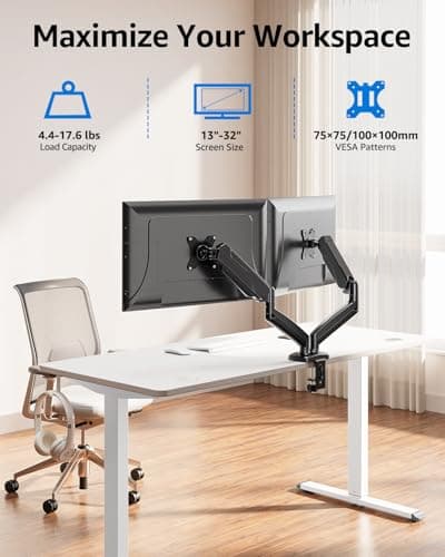 MOUNTUP Dual Monitor Stand for Desk, Pneumatic Monitor Arms for 2 Monitors Max 32 Inches, Height Adjustable Double Monitor Mount, VESA Mounts with C-Clamp & Grommet Base, Holds 4.4-17.6lbs, Black