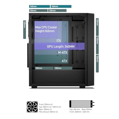 DARKROCK EC2 Black ATX Mid Tower PC Case, Type-C Ready, Supports 50 Series Graphics Cards, Tempered Glass Side Panel, up to 8 x 120mm Cooling Fans & 1 x 360mm Radiator, 1 x Pre-Installed Fan