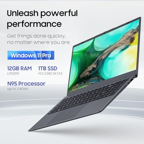 Laptop Computer with MS Office 2024, 1TB SSD, 12GB RAM Laptops, Quad Core N95 Processor, 15.6" FHD IPS Display, Win11 Laptop Support Fingerprint, WiFi 5, BT 5.0, USB-C, HDMI, Black