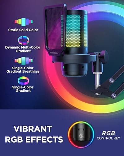 InnoGear Gaming USB Microphone, Noise Cancellation Condenser Mic with Mute, Gain, RGB Indicator, Boom Arm Stand for Streaming, Podcast, Twitch, YouTube, Discord, PC, Computer, PS4, PS5, Mac, Black