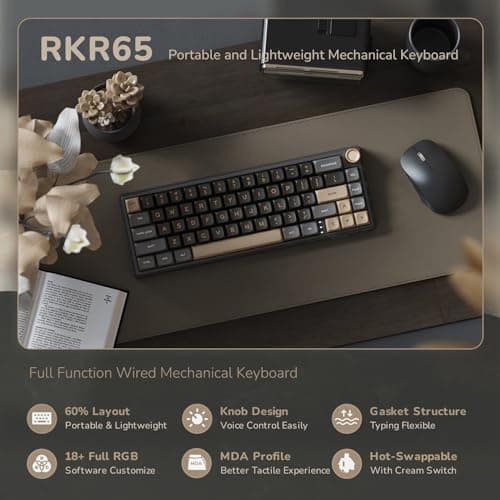 RK ROYAL KLUDGE R65 Wired Gaming Keyboard with Volume Knob, 60% Percent RGB Backlit Mechanical Keyboard Gasket Mount with PBT Keycaps, MDA Profile, QMK/VIA, 66 Keys Hot Swappable Cream Switch, Black