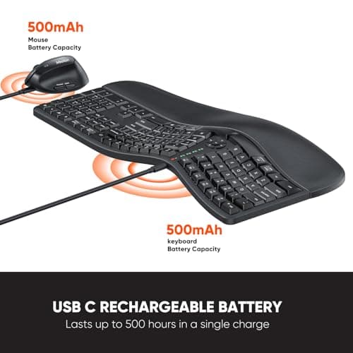 MEETION Ergonomic Wireless Keyboard and Mouse, Ergo Keyboard with Vertical Mouse, Split Cushioned Wrist Palm Rest, Natural Typing, Rechargeable, Full Size, Windows/Mac/Computer/Laptop, Black DirectorC