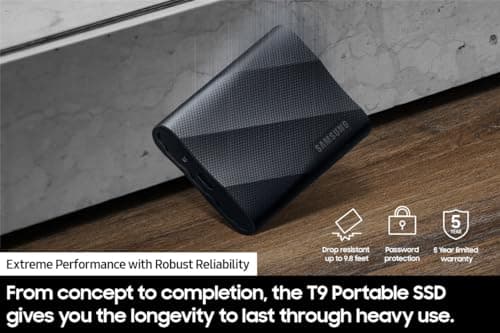 SAMSUNG T9 Portable SSD 4TB, USB 3.2 Gen 2x2 External Solid State Drive, Seq. Read Speeds Up to 2,000MB/s for Gaming, Students and Professionals,MU-PG4T0B/AM, Black (pack of 1)