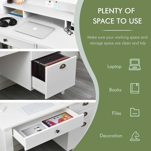 Catrimown Computer Desk with Drawers and Hutch, 47 Inch Home Office Desk with File Drawers, Student Girls Desks, Teens Writing Table with Hutch, Small Desk with Drawer for Bedroom, White