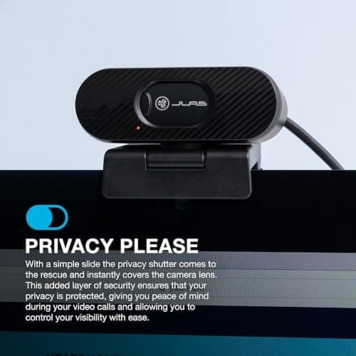 JLab Go Pop Cam USB HD Webcam, Black, 1080P/30 FPS, 2.1 Megapixels, Built-in Privacy Shutter, Minimalist Portable Set-up, Clip-on Design Compatible with PC, Mac and Chromebook