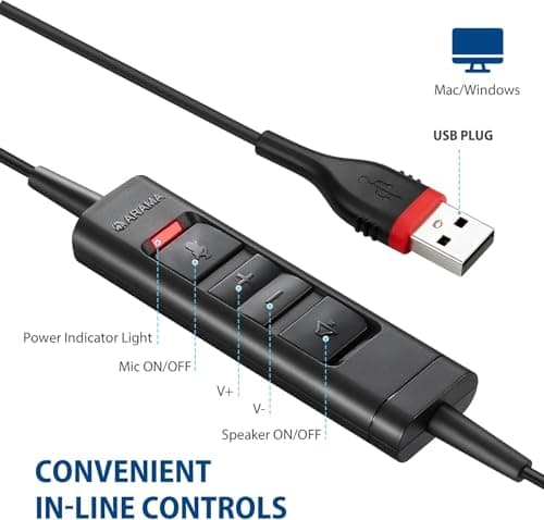USB Headset with Microphone Noise Cancelling & Audio Controls Ultra Comfort USB Headphone for Computer Laptop Pc Business Skype UC Webinar Call Center Office