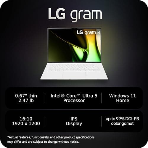 LG gram 14-Inch Lightweight Laptop Intel Evo Edition - Intel Core Ultra 5 Processor Windows 11 Home 8GB RAM 512GB SSD - White