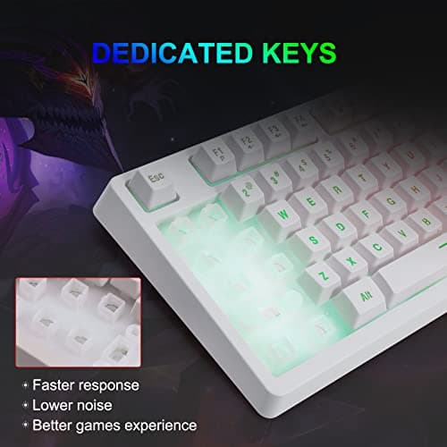 HUO JI White Gaming Keyboard USB Wired with Rainbow LED Backlit, Floating Keys, Mechanical Feeling, Spill Resistant, Ergonomic for Xbox, PS Series, Desktop, Computer, PC