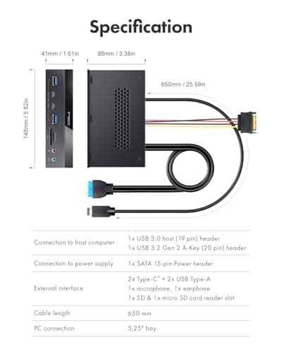 ineo 5.25" 10Gbps USB 3.2 Front Panel Card Reader with Audio Ports - SD/microSD Internal Reader, USB3.2 Type-E Key-A 20-Pin & USB3.0 Header, 15-Pin SATA Power[3570I]