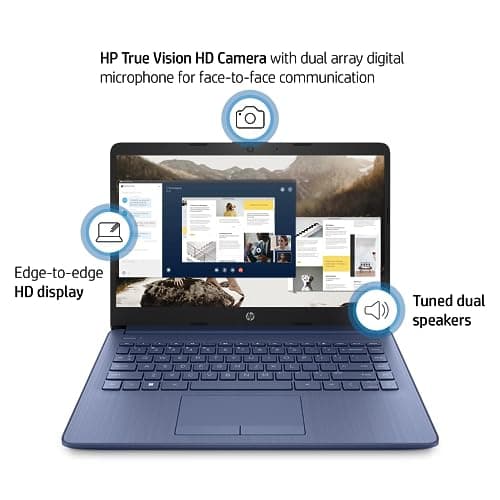 HP Portable Laptop (Include 1 Year Microsoft 365), 14’’ HD Display, 16GB RAM, 64GB eMMC, Intel Quad-Core N4120, Student and Business, Webcam, HDMI, Wi-Fi, RJ-45, Windows 11 Home, Grayish Blue