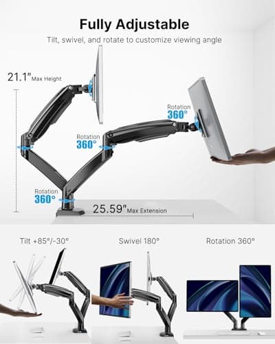 HUANUO Dual Monitor Stand for 13 to 40 inch, Premium Dual Monitor Mount with USB, Height Adjustable Monitor Stand for 2 Monitors, VESA Mount with Clamp/Grommet Base, Each Arm Hold up to 26.4lbs, Black