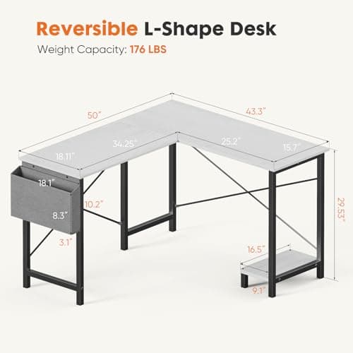 Sweetcrispy L Shaped Computer Desk - Gaming Corner 50 Inch PC White Writing Study Student Table with Wooden Desktop CPU Stand Side Bag Reversible for Home Office Room Small Space, Black