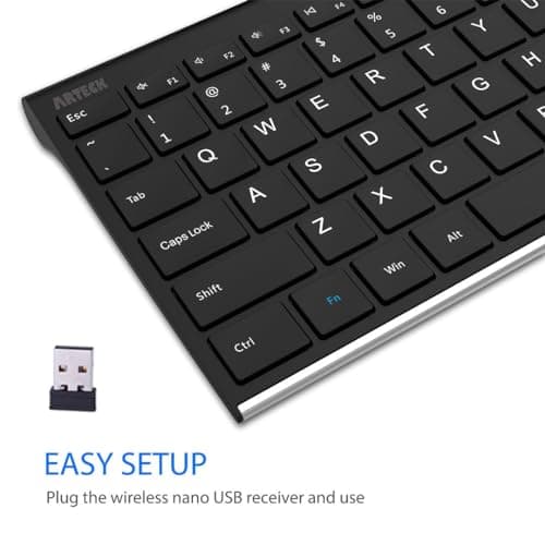 Arteck 2.4G Wireless Keyboard Stainless Steel Ultra Slim Full Size Keyboard with Numeric Keypad for Computer/Desktop/PC/Laptop/Surface/Smart TV and Windows 10/8/ 7 Built in Rechargeable Battery