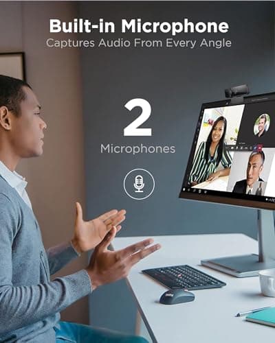 Lenovo Essential Full HD 1080P Webcam, Dual Microphone, No Driver 1.8m USB 2.0, Wide-Angle, Tilt-Control, 360-Degree Rotation, Black